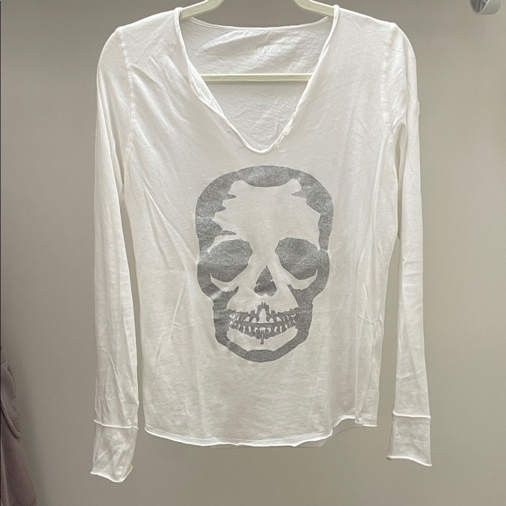 Zadig & Voltaire White Long Sleeve Skull Tee